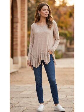 1.4.3 Story By Line Up Beige Long Sleeve Ruffled Hem Top Womens L